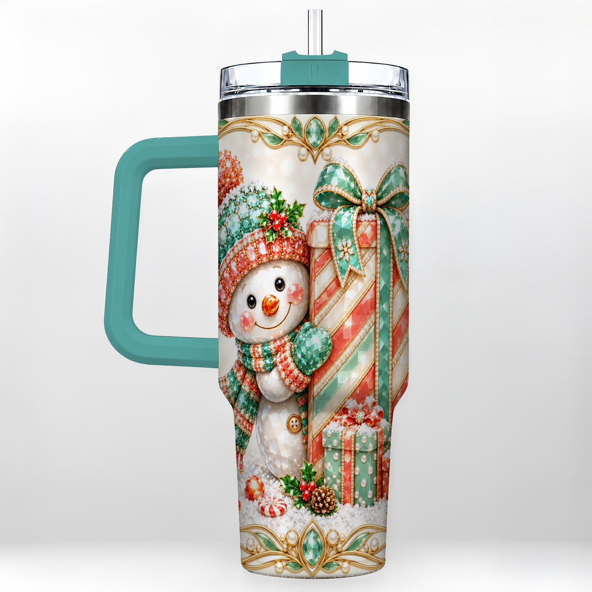 #pl[40oz|Green] Snowman Present Tumbler 40oz, Holiday Tumbler, Stainless Steel Travel Cup