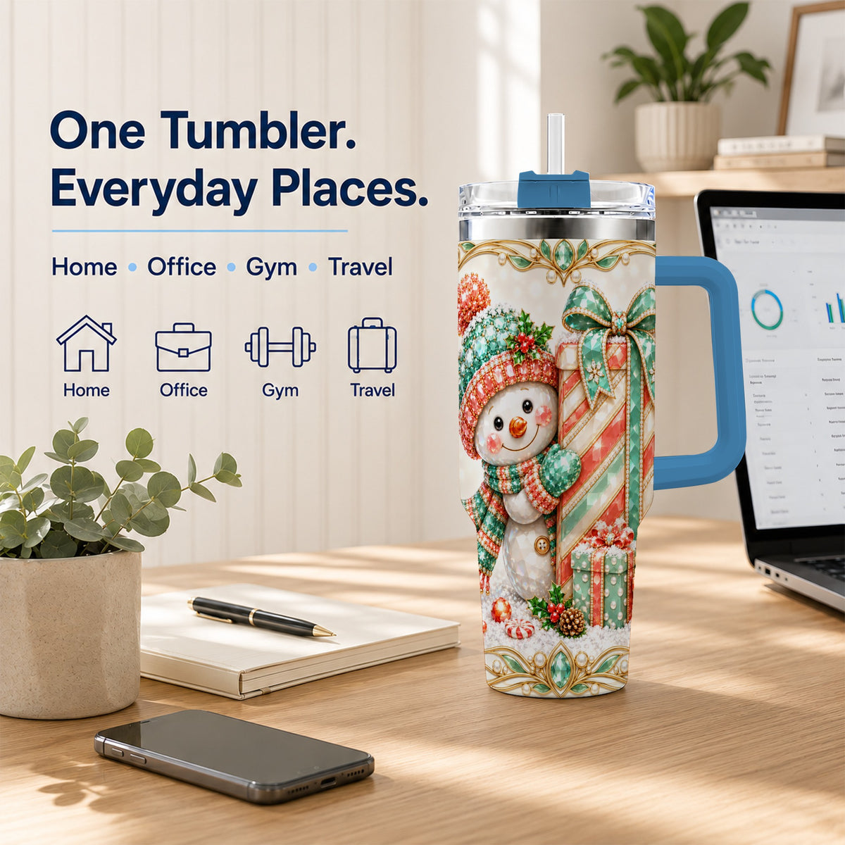 #pl[40oz|Blue] Snowman Present Tumbler 40oz, Holiday Tumbler, Stainless Steel Travel Cup