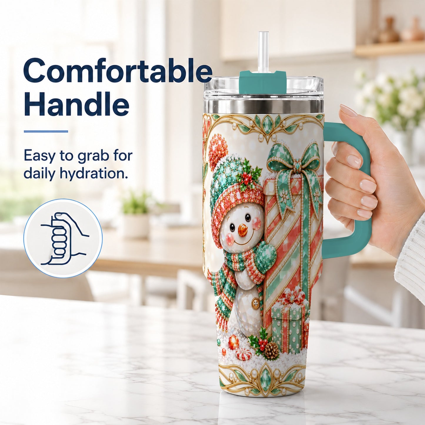 #pl[40oz|Green] Snowman Present Tumbler 40oz, Holiday Tumbler, Stainless Steel Travel Cup