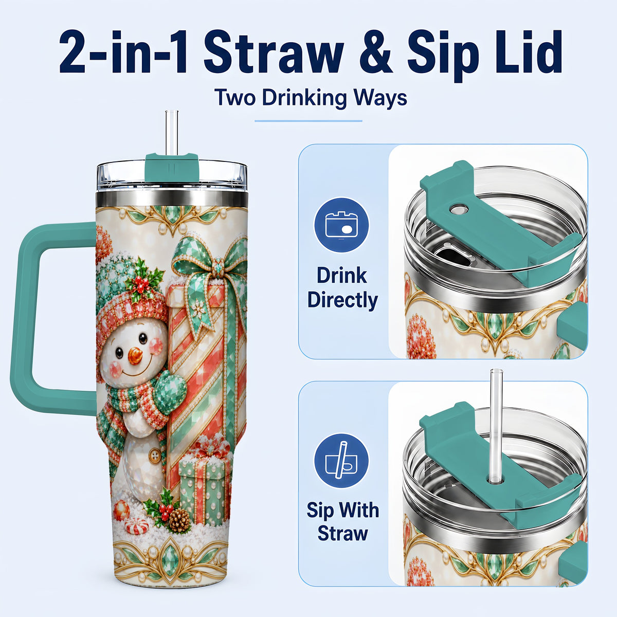 #pl[40oz|Green] Snowman Present Tumbler 40oz, Holiday Tumbler, Stainless Steel Travel Cup