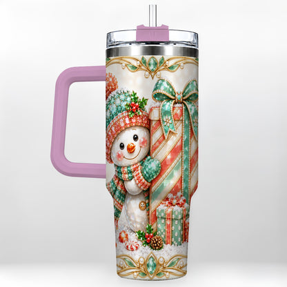#pl[40oz|Pink] Snowman Present Tumbler 40oz, Holiday Tumbler, Stainless Steel Travel Cup