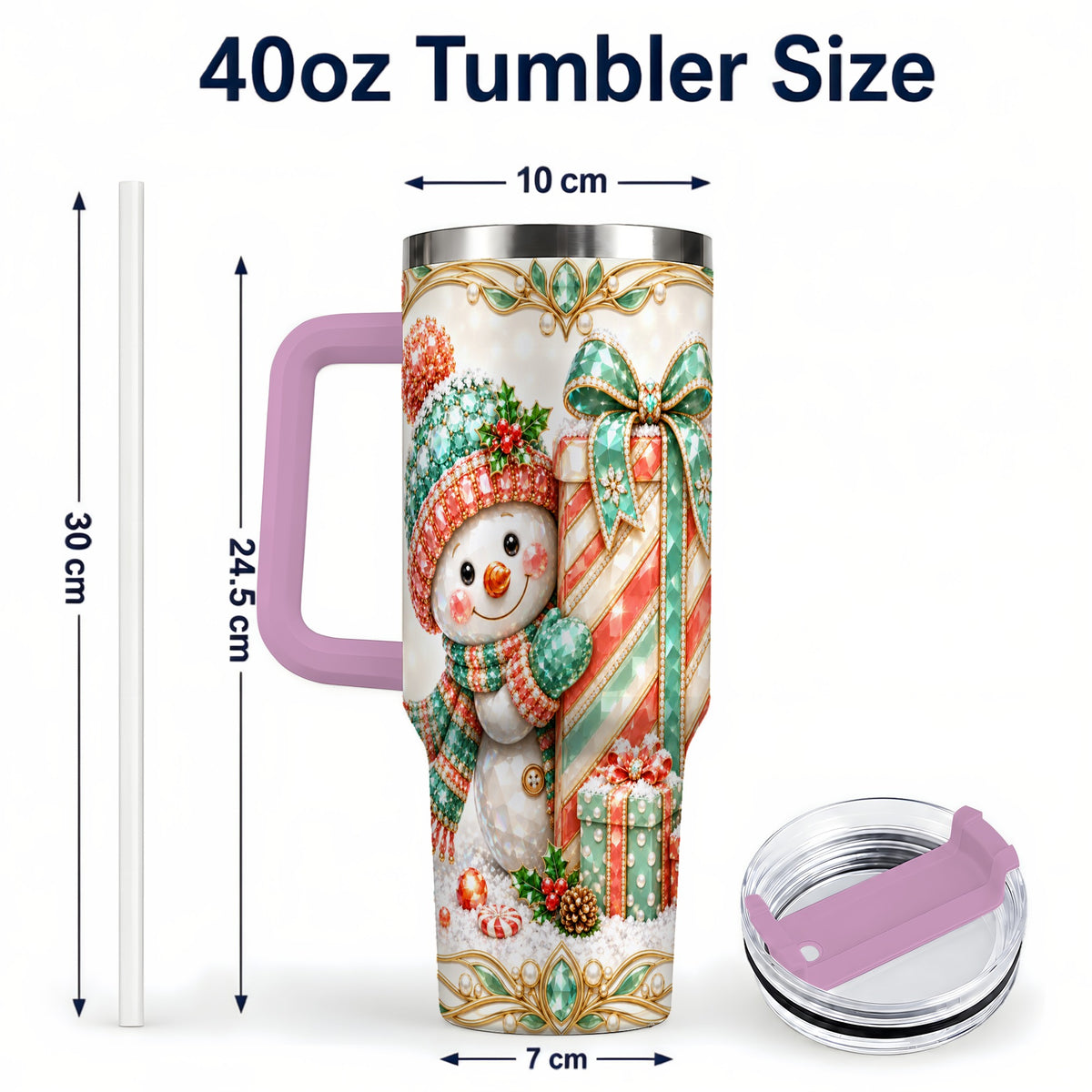 #pl[40oz|Pink] Snowman Present Tumbler 40oz, Holiday Tumbler, Stainless Steel Travel Cup