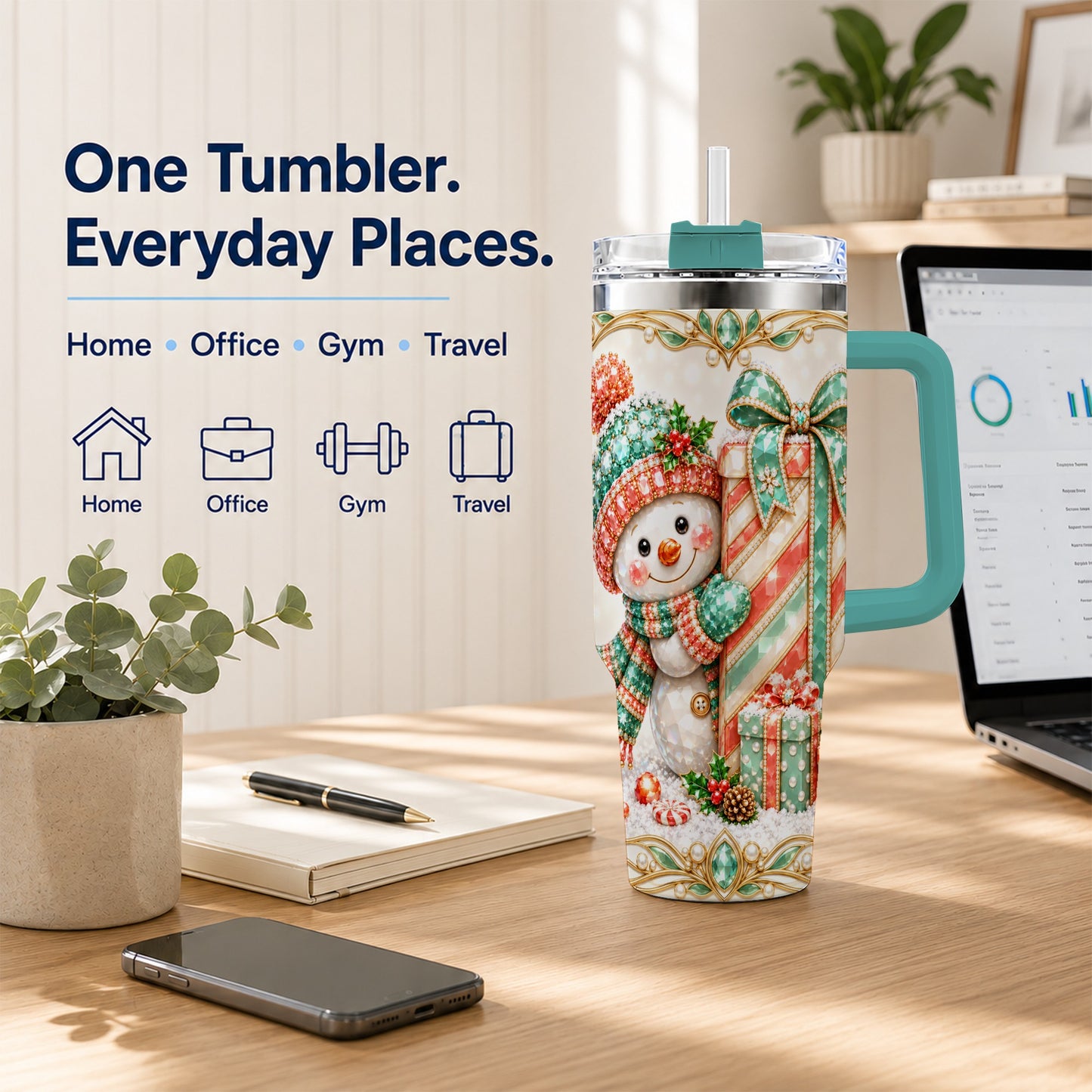 #pl[40oz|Green] Snowman Present Tumbler 40oz, Holiday Tumbler, Stainless Steel Travel Cup