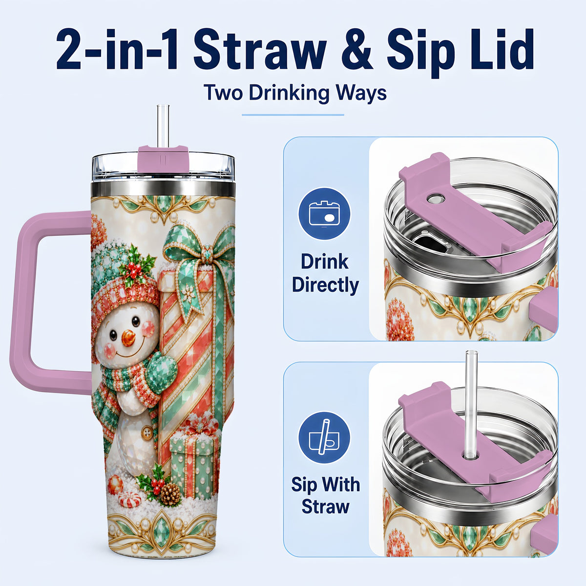 #pl[40oz|Pink] Snowman Present Tumbler 40oz, Holiday Tumbler, Stainless Steel Travel Cup