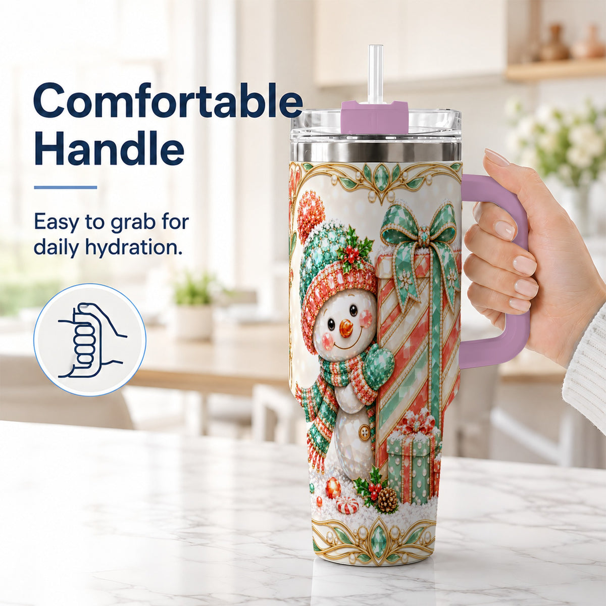 #pl[40oz|Pink] Snowman Present Tumbler 40oz, Holiday Tumbler, Stainless Steel Travel Cup