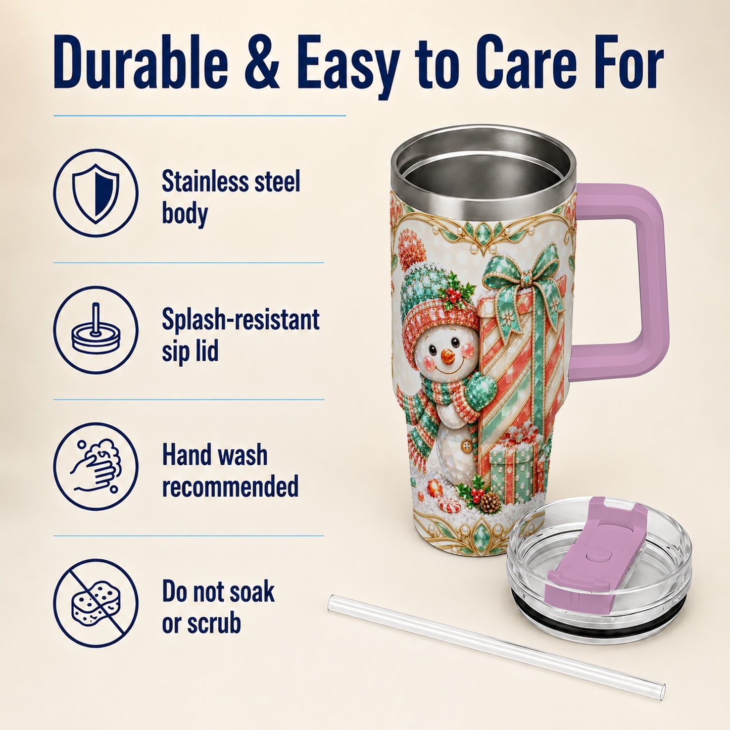 #pl[40oz|Pink] Snowman Present Tumbler 40oz, Holiday Tumbler, Stainless Steel Travel Cup