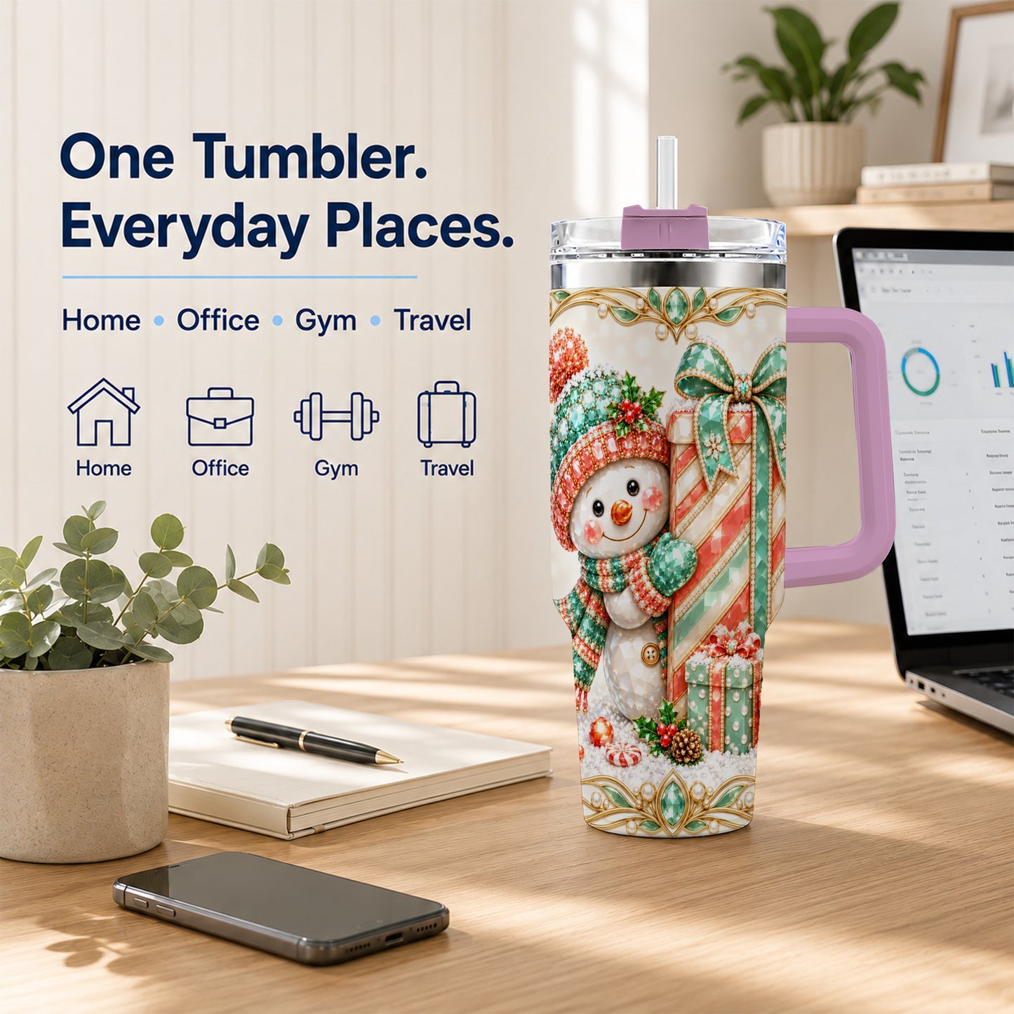 #pl[40oz|Pink] Snowman Present Tumbler 40oz, Holiday Tumbler, Stainless Steel Travel Cup