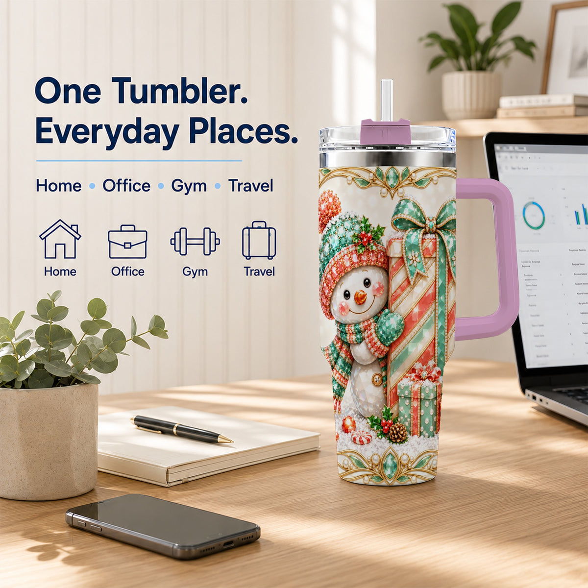 #pl[40oz|Pink] Snowman Present Tumbler 40oz, Holiday Tumbler, Stainless Steel Travel Cup