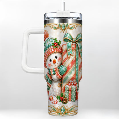 Snowman Present Tumbler 40oz, Holiday Tumbler, Stainless Steel Travel Cup