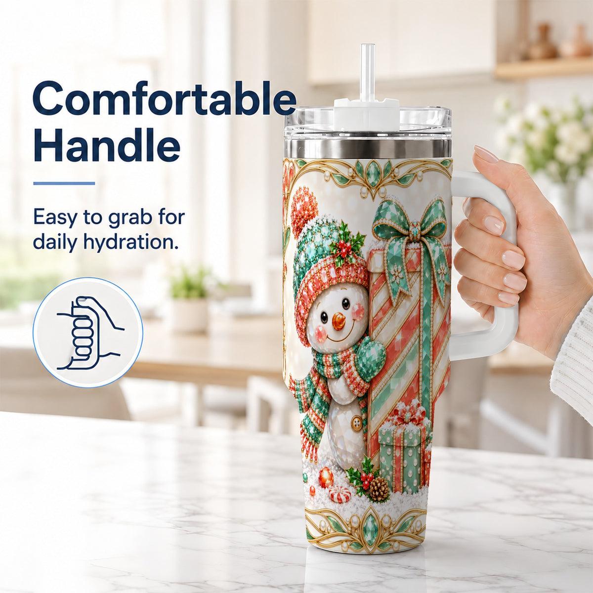 #pl[40oz|White] Snowman Present Tumbler 40oz, Holiday Tumbler, Stainless Steel Travel Cup