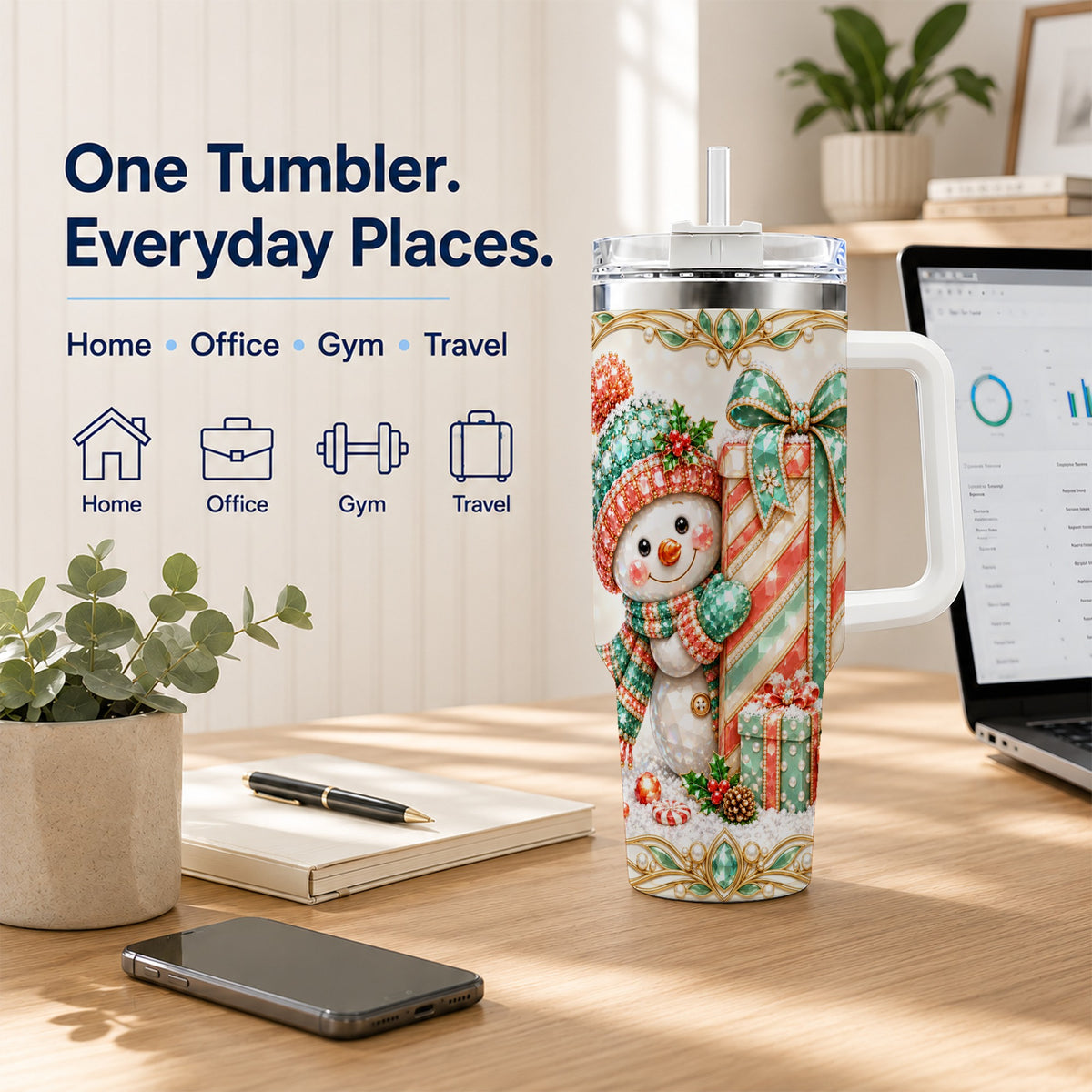#pl[40oz|White] Snowman Present Tumbler 40oz, Holiday Tumbler, Stainless Steel Travel Cup