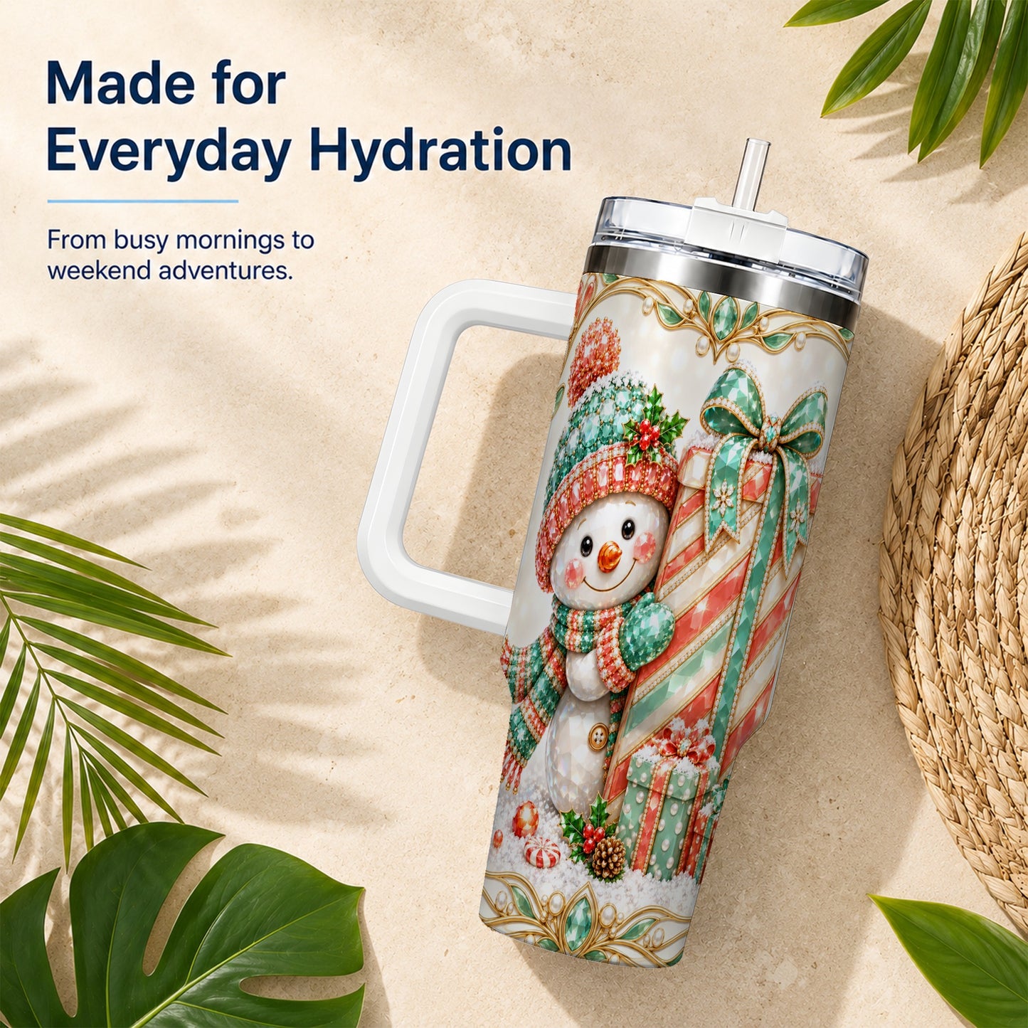 #pl[40oz|White] Snowman Present Tumbler 40oz, Holiday Tumbler, Stainless Steel Travel Cup