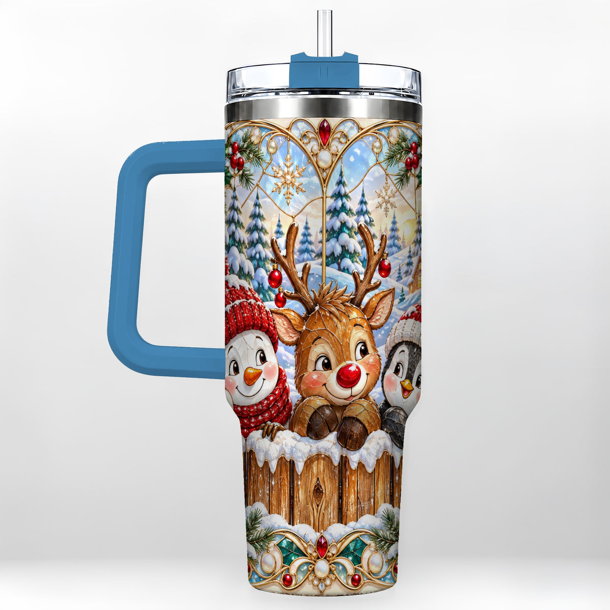 #pl[40oz|Blue] Snowy Friends Tumbler 40oz, Christmas Tumbler, Stainless Steel Travel Cup