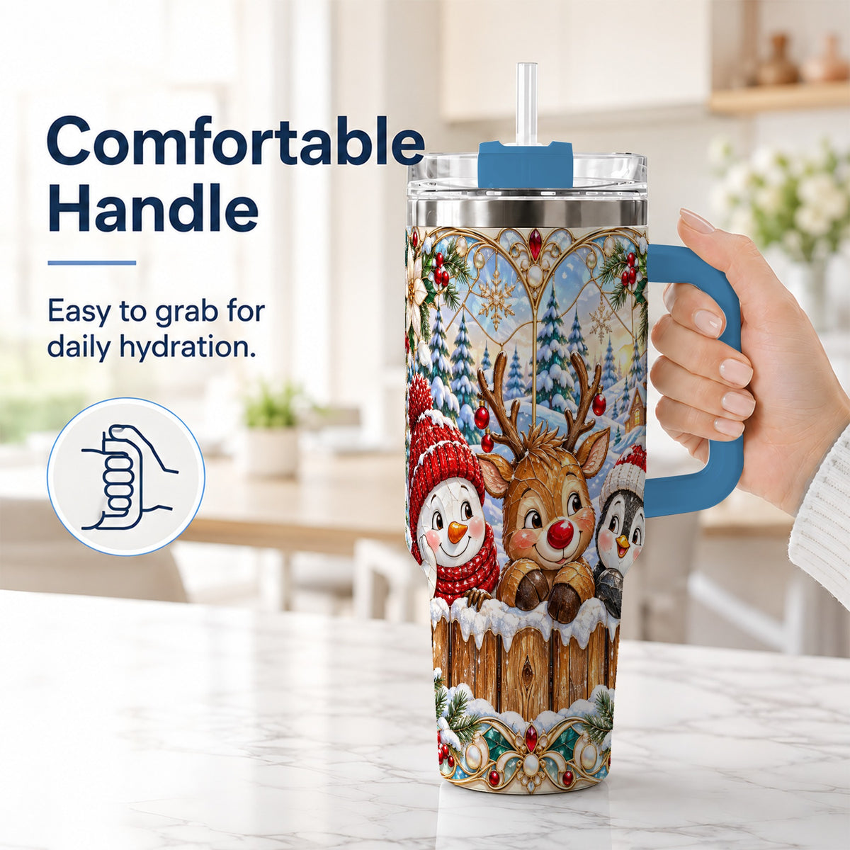 #pl[40oz|Blue] Snowy Friends Tumbler 40oz, Christmas Tumbler, Stainless Steel Travel Cup