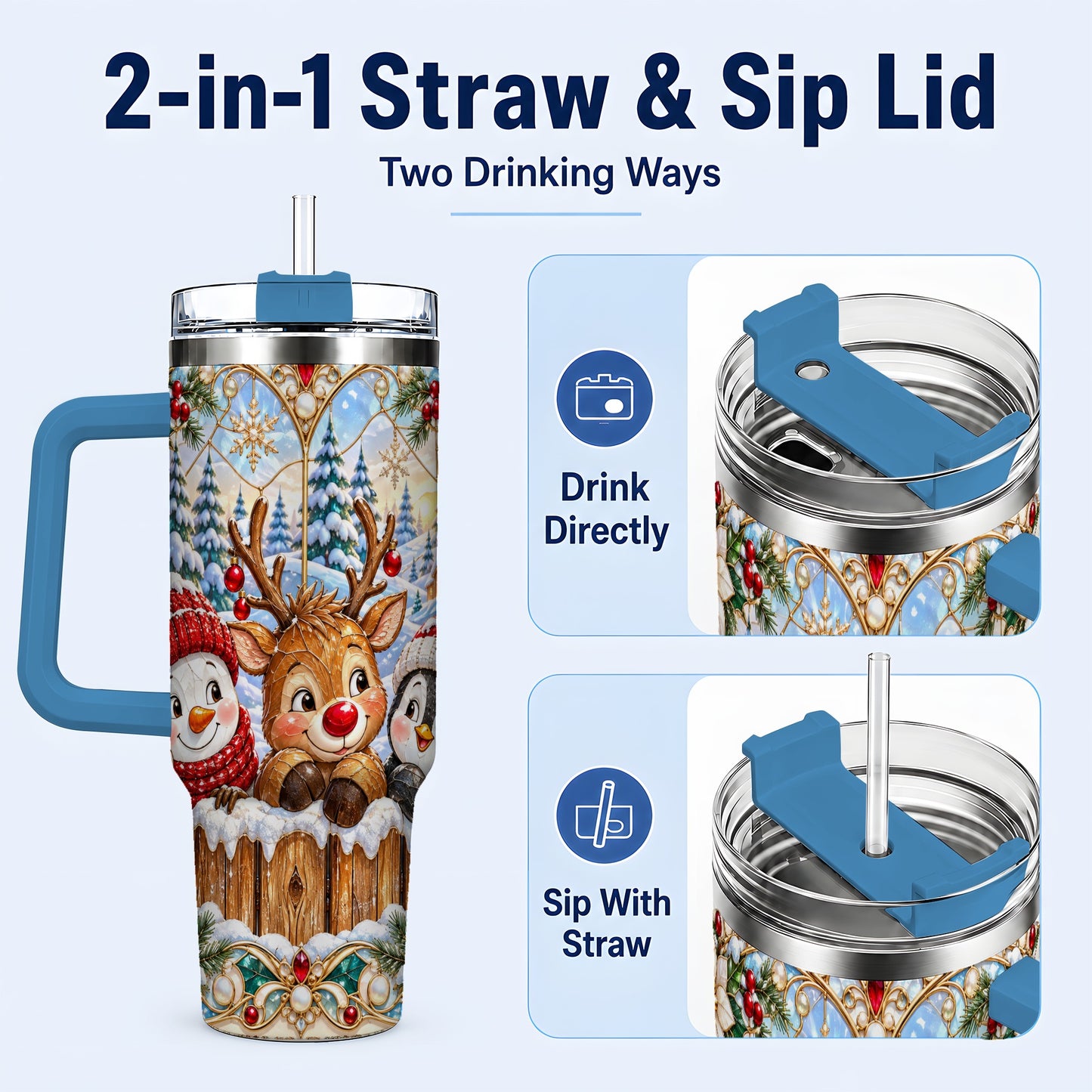 #pl[40oz|Blue] Snowy Friends Tumbler 40oz, Christmas Tumbler, Stainless Steel Travel Cup