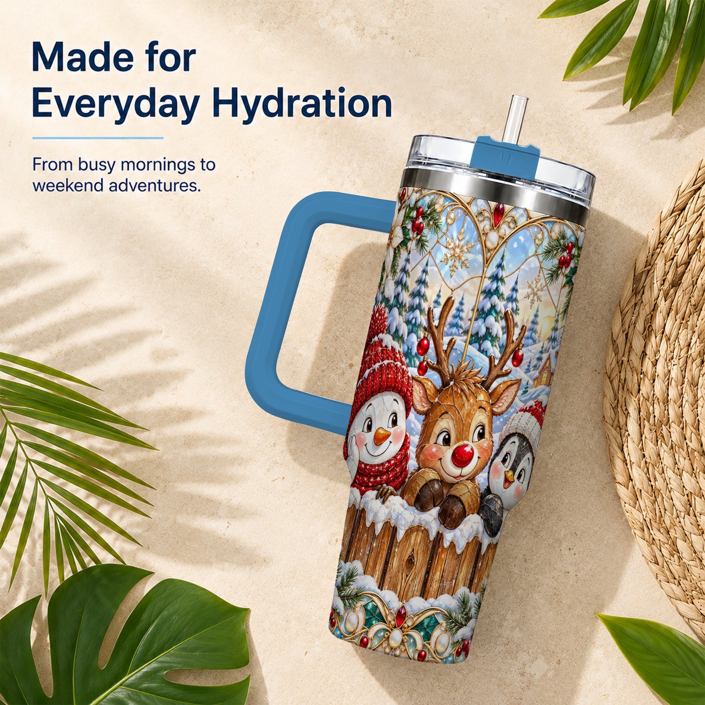 #pl[40oz|Blue] Snowy Friends Tumbler 40oz, Christmas Tumbler, Stainless Steel Travel Cup