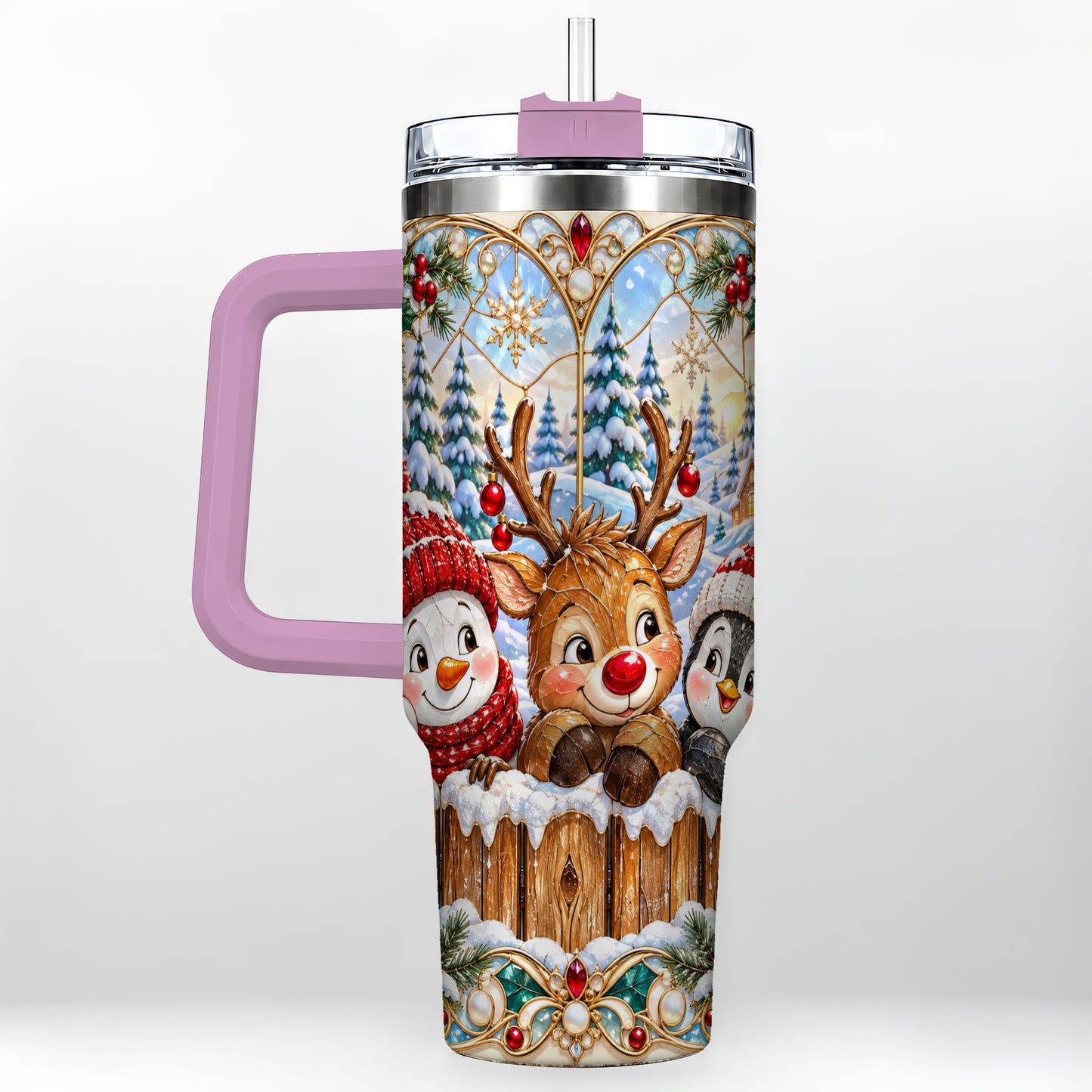 #pl[40oz|Pink] Snowy Friends Tumbler 40oz, Christmas Tumbler, Stainless Steel Travel Cup