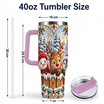 #pl[40oz|Pink] Snowy Friends Tumbler 40oz, Christmas Tumbler, Stainless Steel Travel Cup