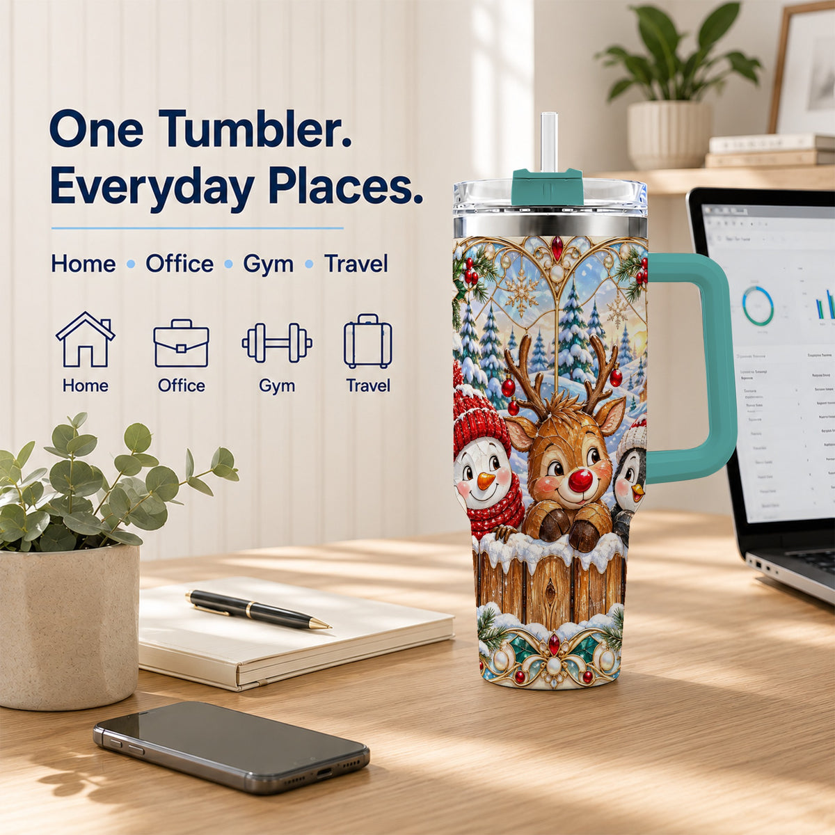 #pl[40oz|Green] Snowy Friends Tumbler 40oz, Christmas Tumbler, Stainless Steel Travel Cup