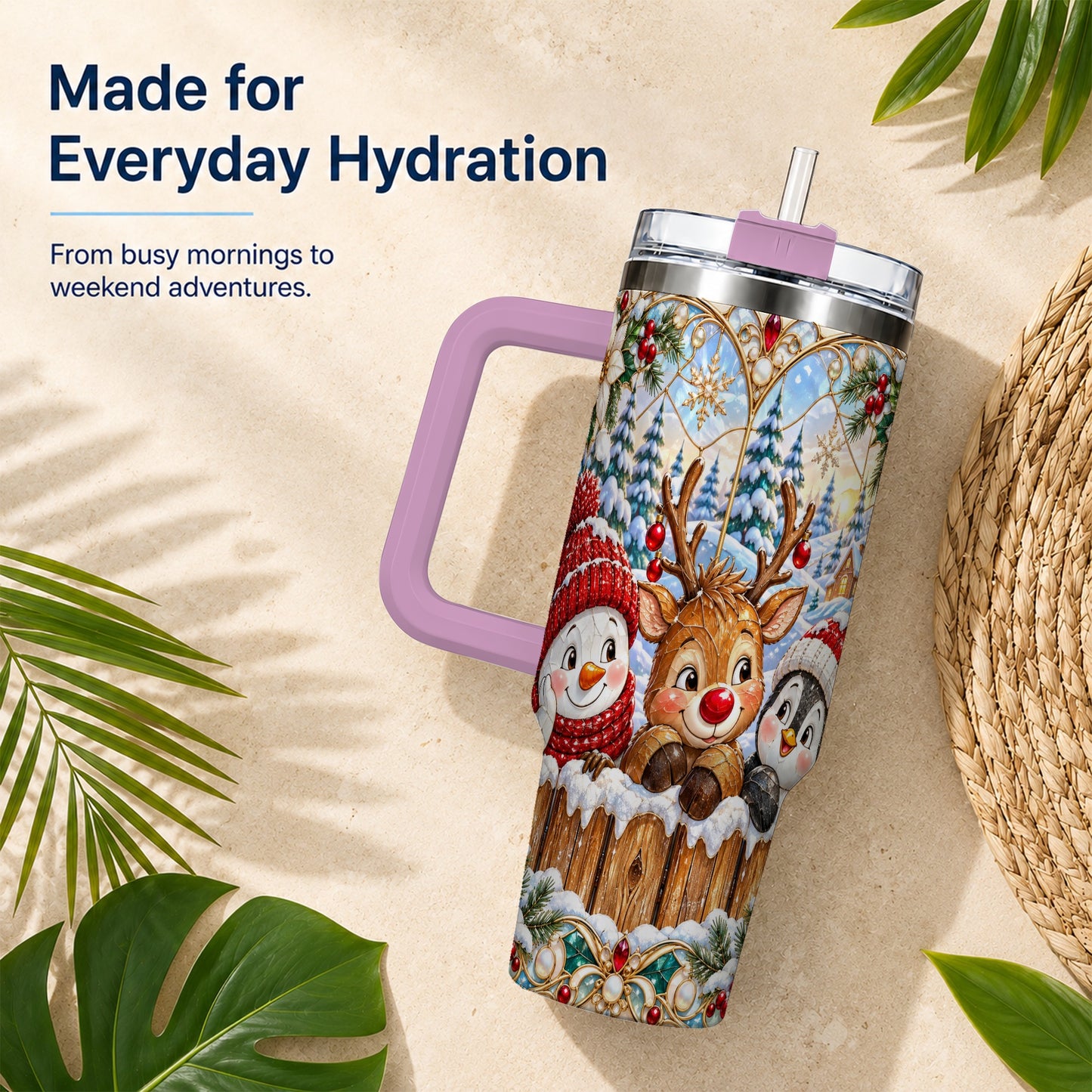 #pl[40oz|Pink] Snowy Friends Tumbler 40oz, Christmas Tumbler, Stainless Steel Travel Cup