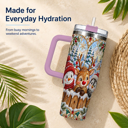 #pl[40oz|Pink] Snowy Friends Tumbler 40oz, Christmas Tumbler, Stainless Steel Travel Cup
