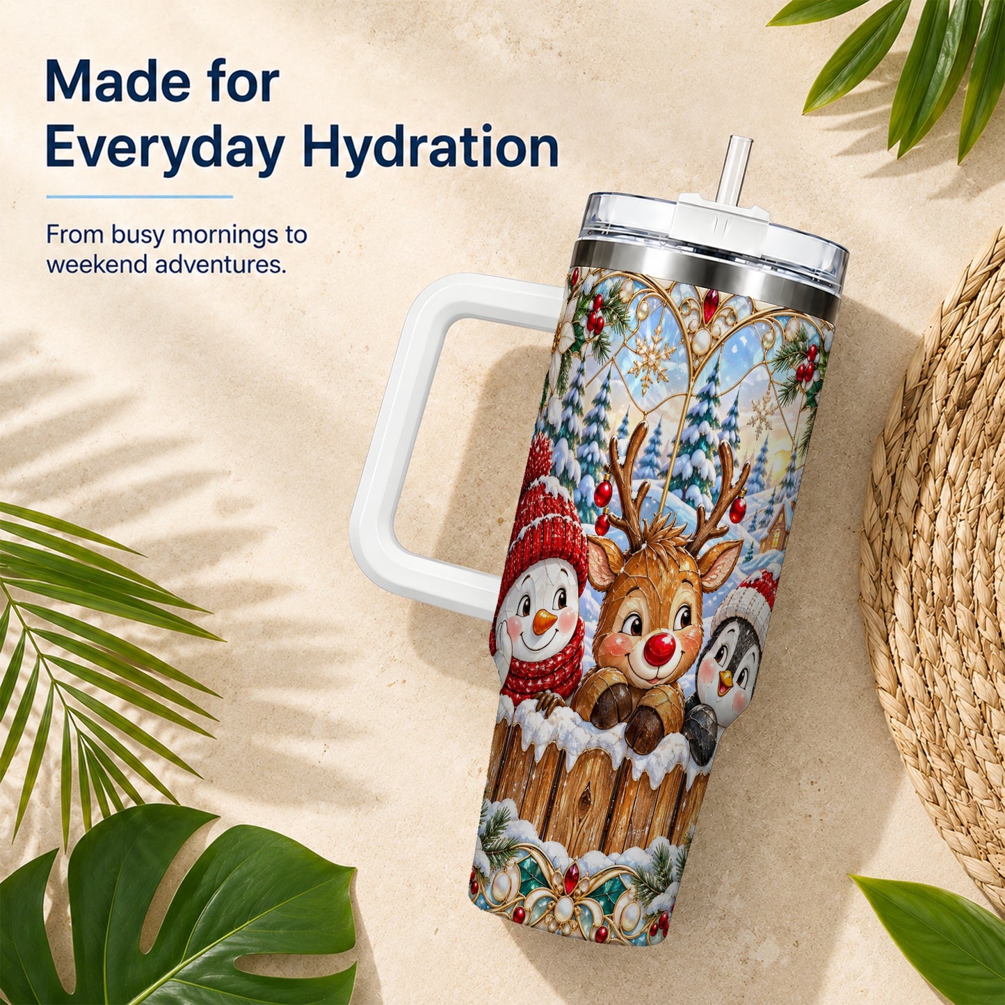 #pl[40oz|White] Snowy Friends Tumbler 40oz, Christmas Tumbler, Stainless Steel Travel Cup