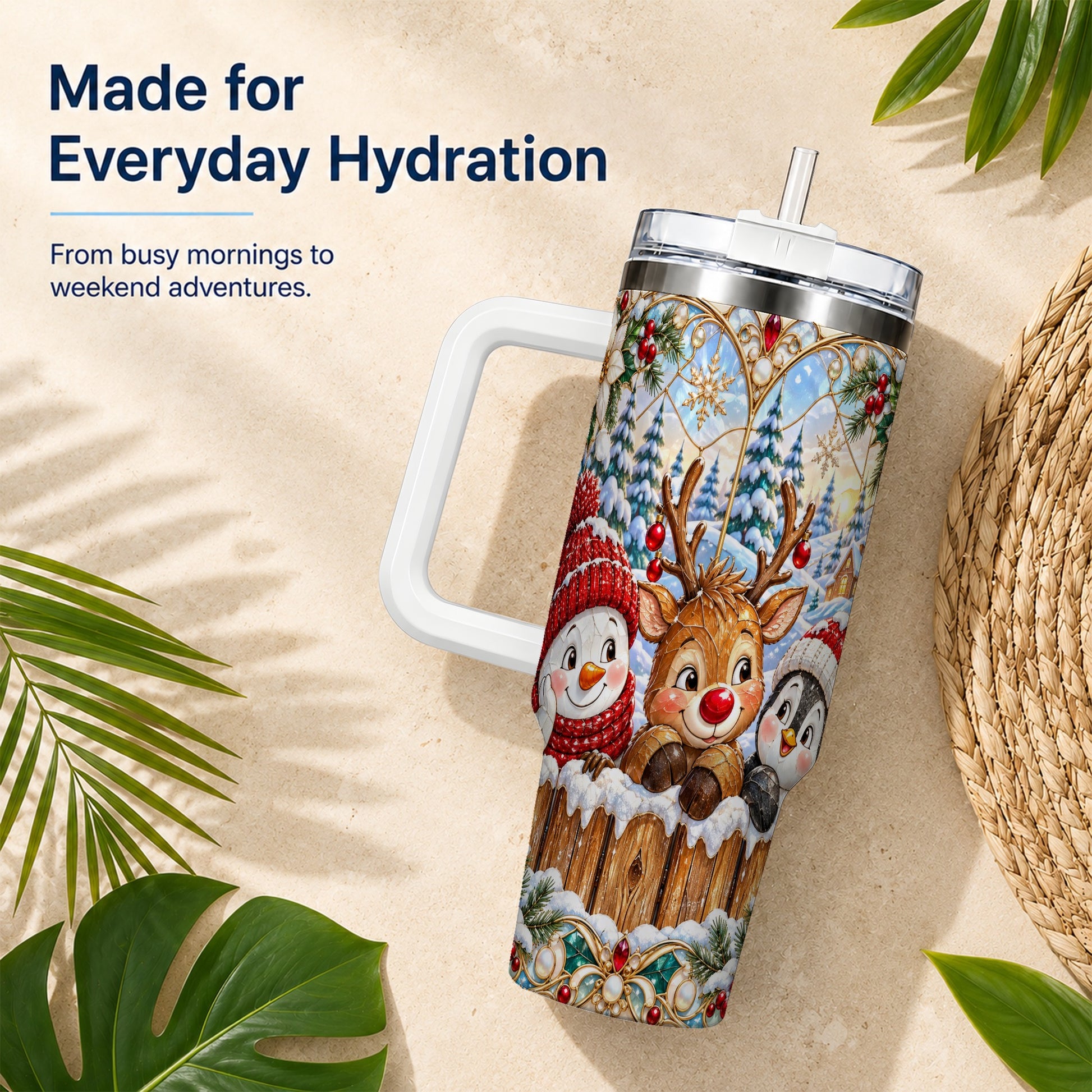 #pl[40oz|White] Snowy Friends Tumbler 40oz, Christmas Tumbler, Stainless Steel Travel Cup