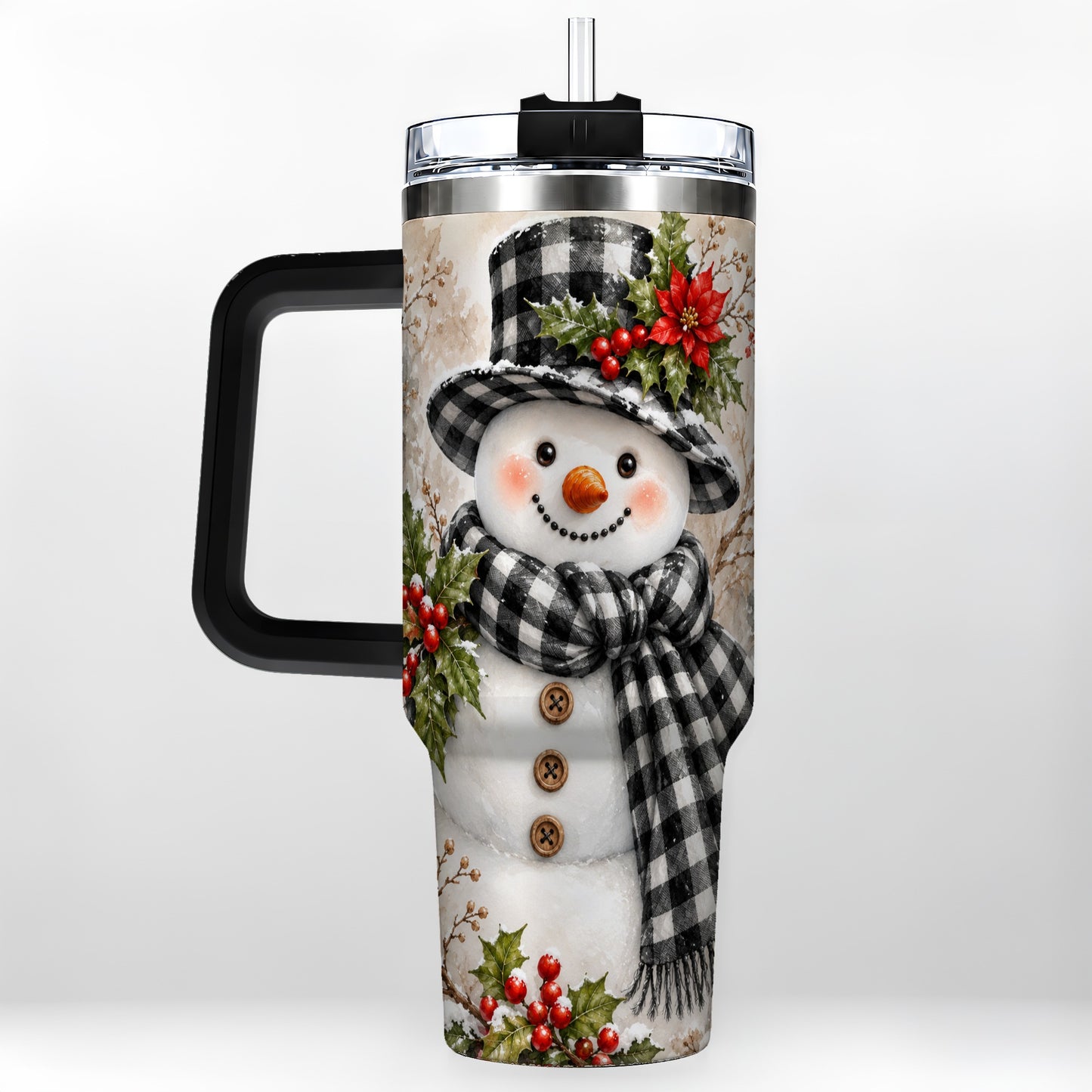 #pl[40oz|Black] Plaid Snowman Tumbler 40oz, Winter Tumbler, Stainless Steel Travel Cup