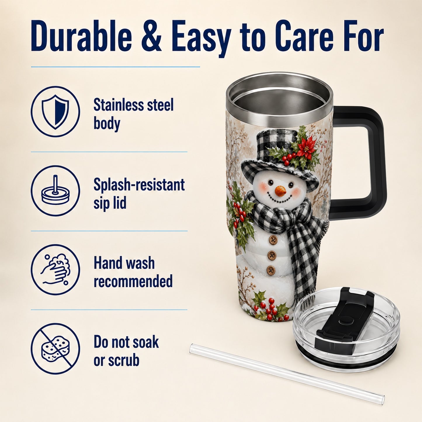 #pl[40oz|Black] Plaid Snowman Tumbler 40oz, Winter Tumbler, Stainless Steel Travel Cup