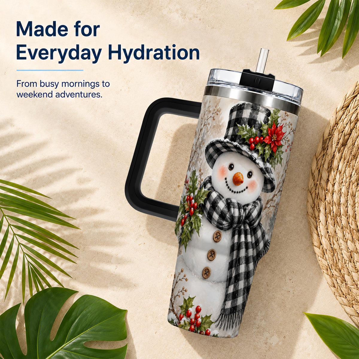 #pl[40oz|Black] Plaid Snowman Tumbler 40oz, Winter Tumbler, Stainless Steel Travel Cup