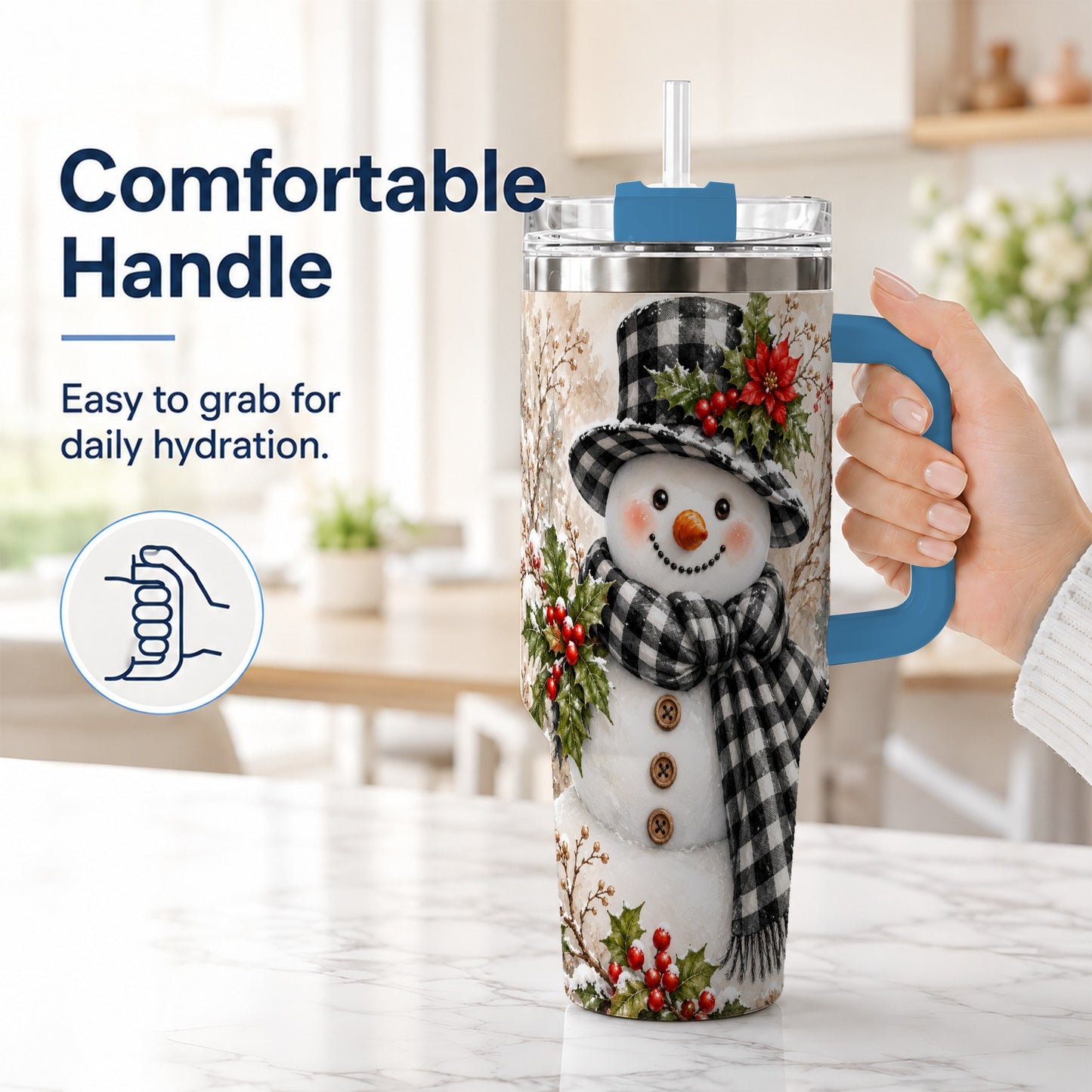 #pl[40oz|Blue] Plaid Snowman Tumbler 40oz, Winter Tumbler, Stainless Steel Travel Cup