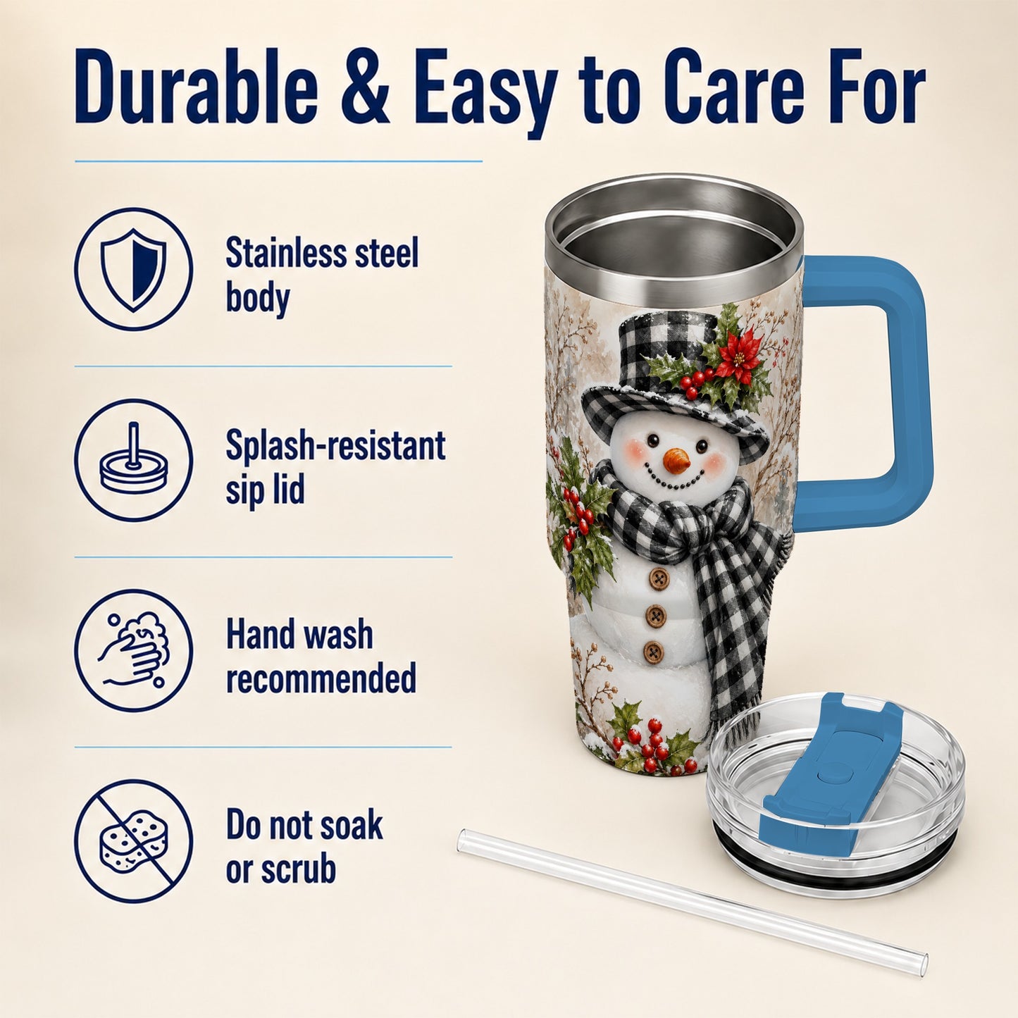 #pl[40oz|Blue] Plaid Snowman Tumbler 40oz, Winter Tumbler, Stainless Steel Travel Cup