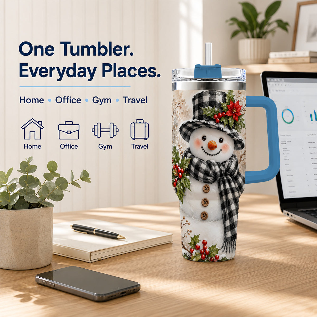 #pl[40oz|Blue] Plaid Snowman Tumbler 40oz, Winter Tumbler, Stainless Steel Travel Cup