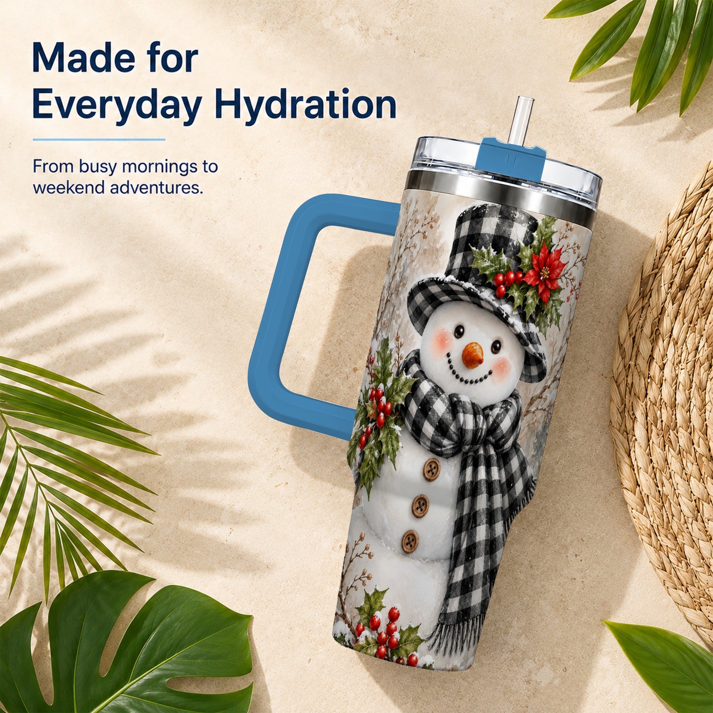 #pl[40oz|Blue] Plaid Snowman Tumbler 40oz, Winter Tumbler, Stainless Steel Travel Cup