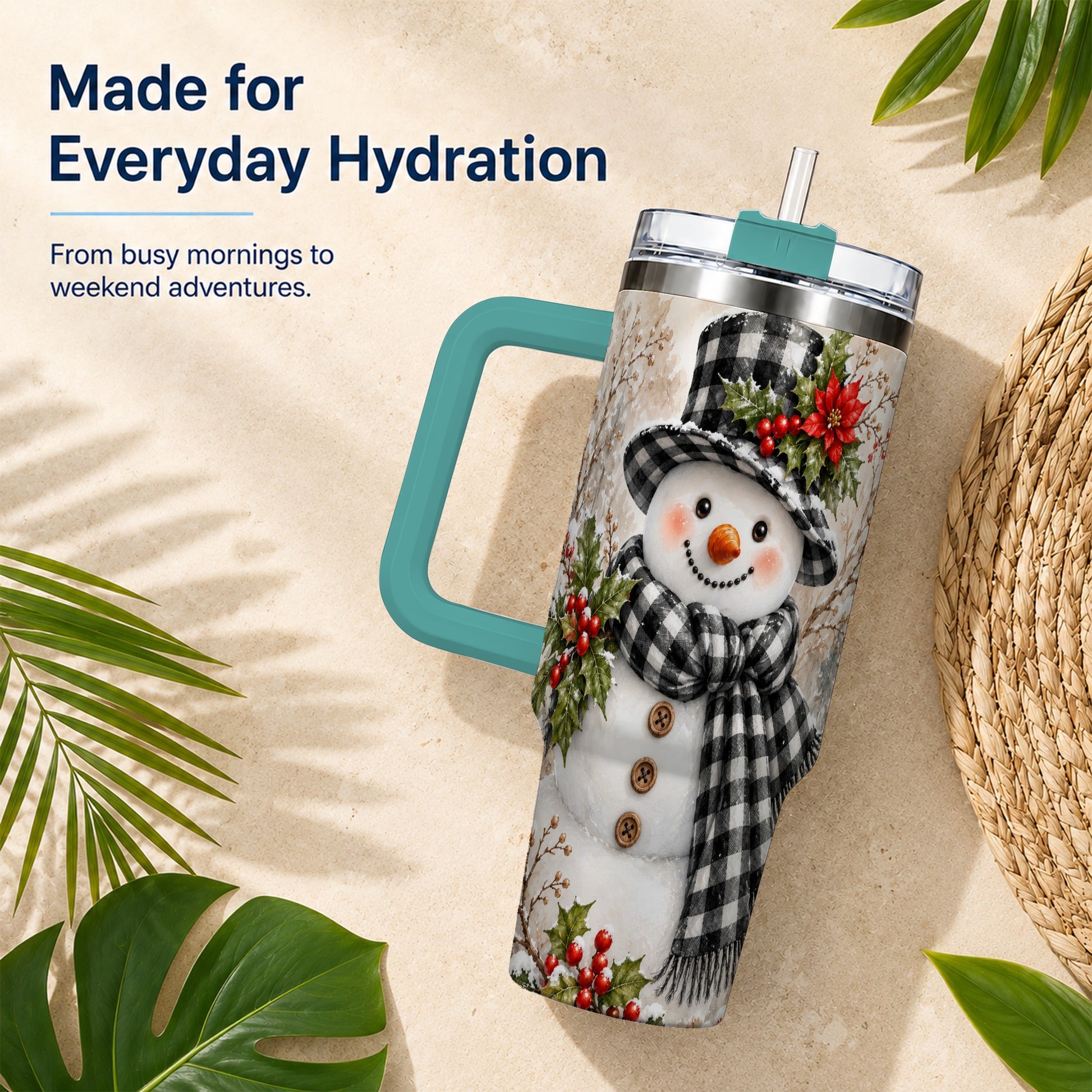 #pl[40oz|Green] Plaid Snowman Tumbler 40oz, Winter Tumbler, Stainless Steel Travel Cup