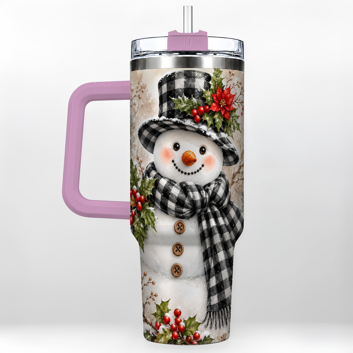 #pl[40oz|Pink] Plaid Snowman Tumbler 40oz, Winter Tumbler, Stainless Steel Travel Cup