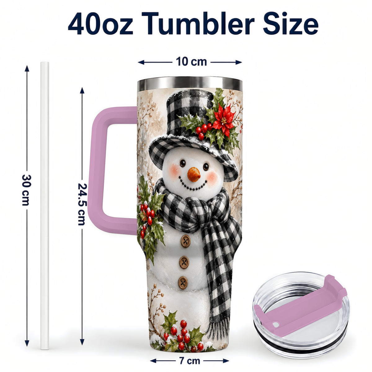 #pl[40oz|Pink] Plaid Snowman Tumbler 40oz, Winter Tumbler, Stainless Steel Travel Cup
