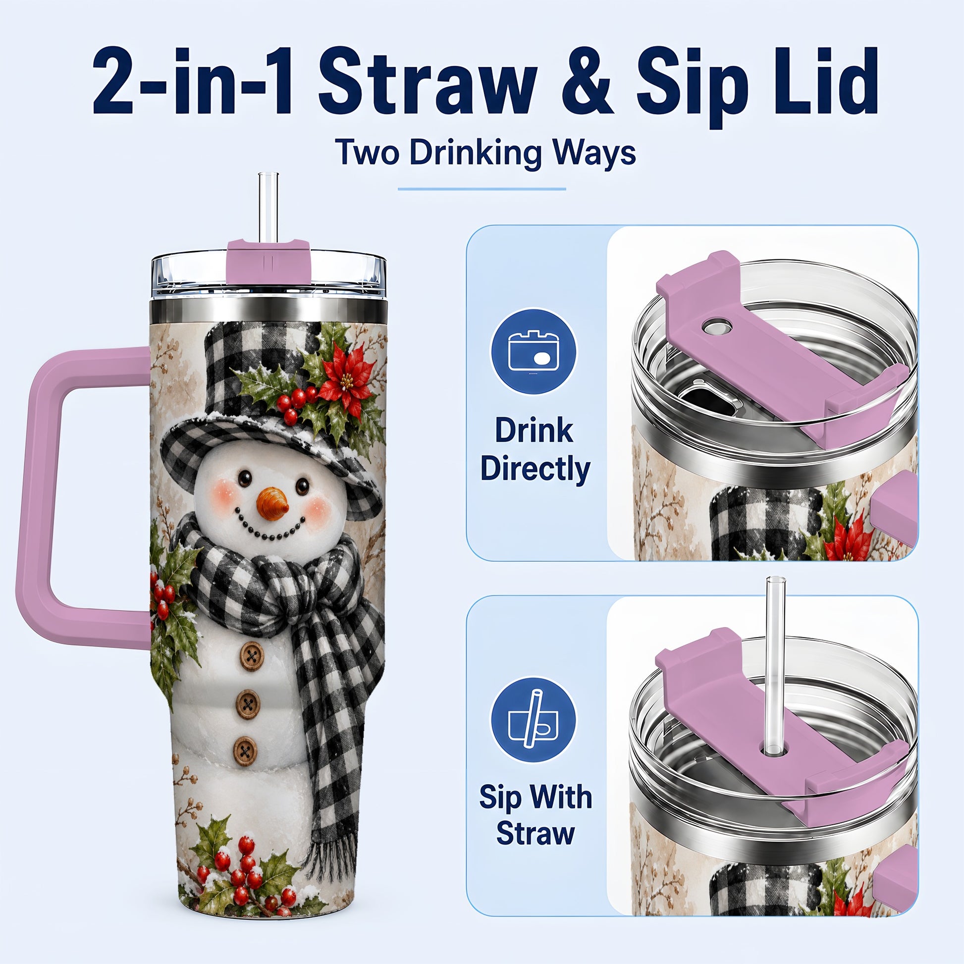 #pl[40oz|Pink] Plaid Snowman Tumbler 40oz, Winter Tumbler, Stainless Steel Travel Cup