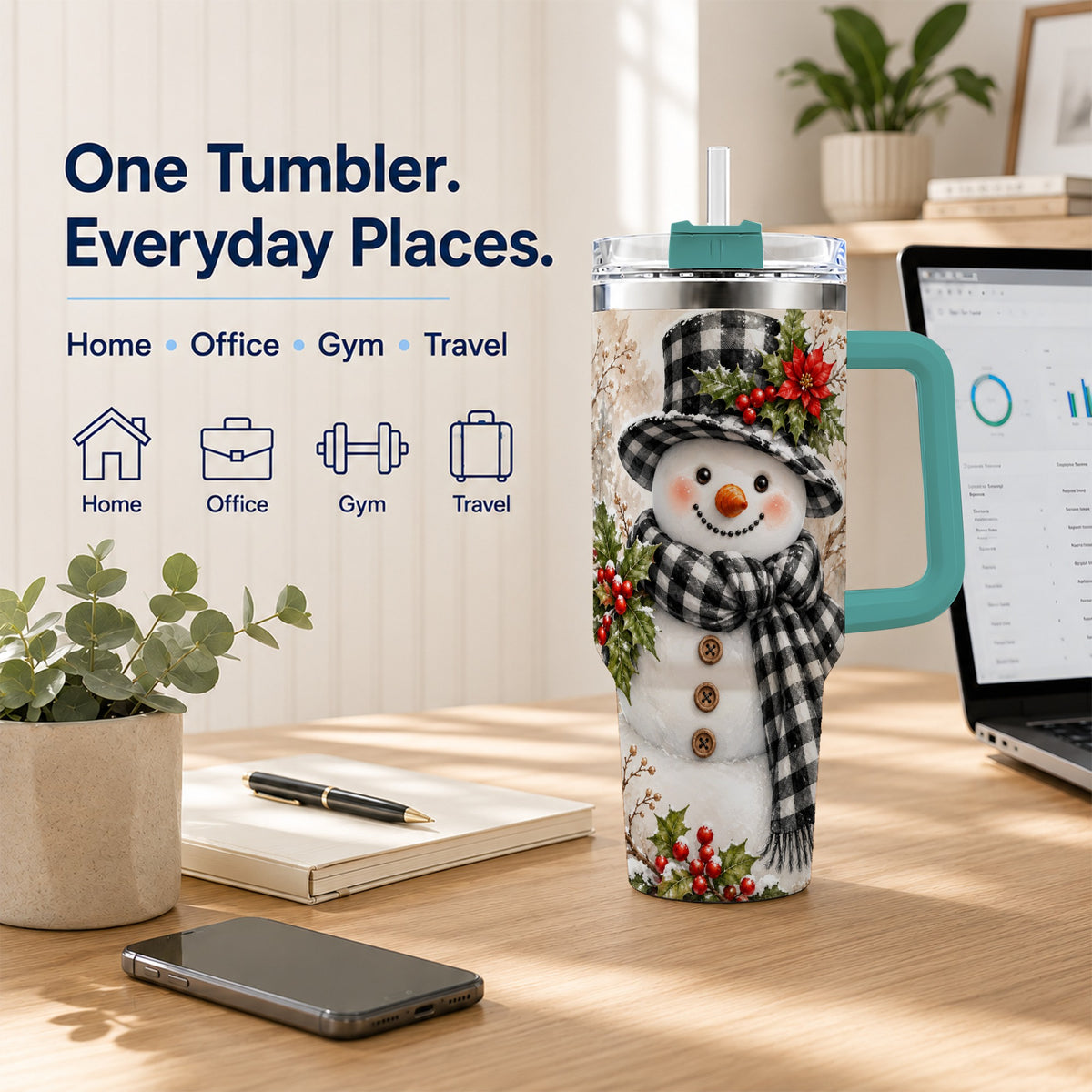 #pl[40oz|Green] Plaid Snowman Tumbler 40oz, Winter Tumbler, Stainless Steel Travel Cup