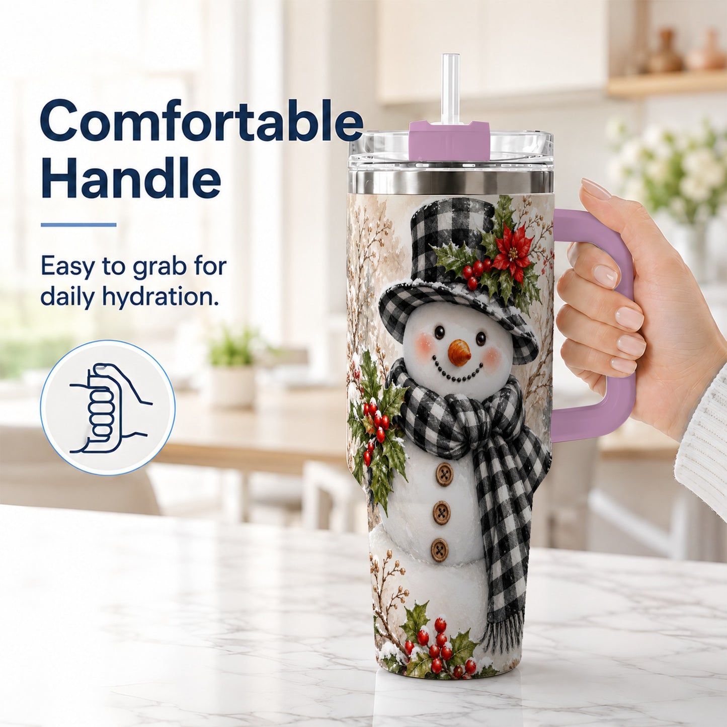 #pl[40oz|Pink] Plaid Snowman Tumbler 40oz, Winter Tumbler, Stainless Steel Travel Cup