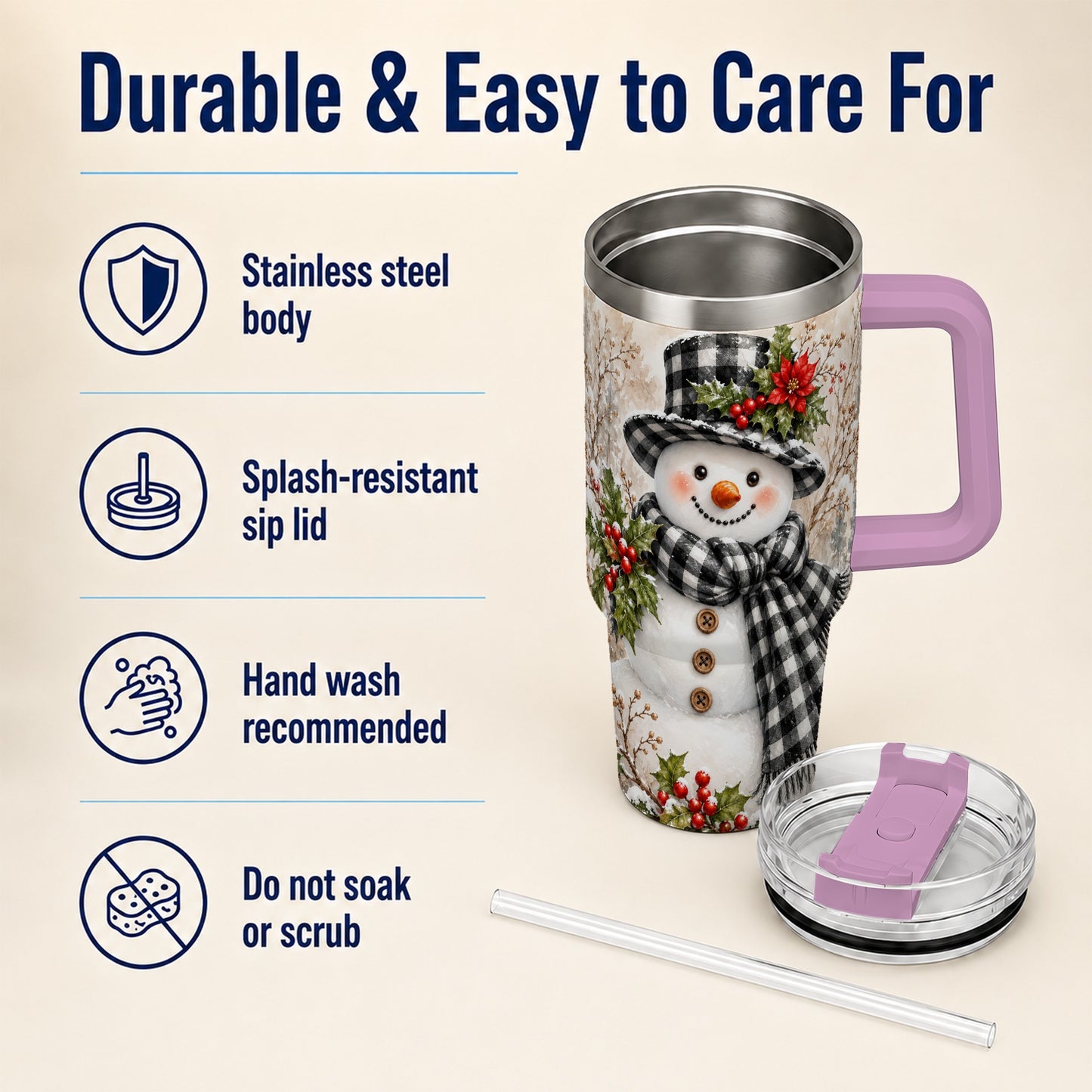 #pl[40oz|Pink] Plaid Snowman Tumbler 40oz, Winter Tumbler, Stainless Steel Travel Cup