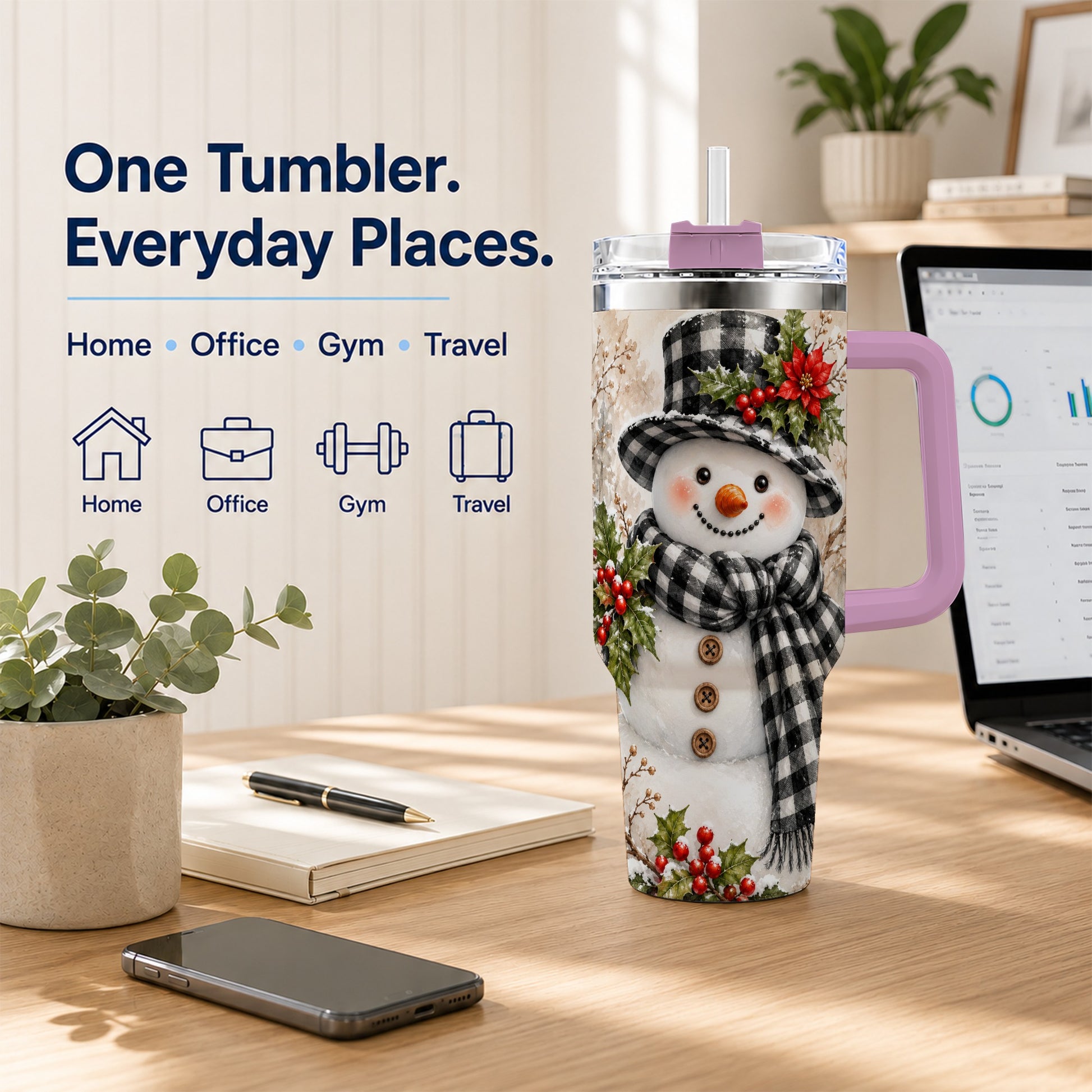 #pl[40oz|Pink] Plaid Snowman Tumbler 40oz, Winter Tumbler, Stainless Steel Travel Cup