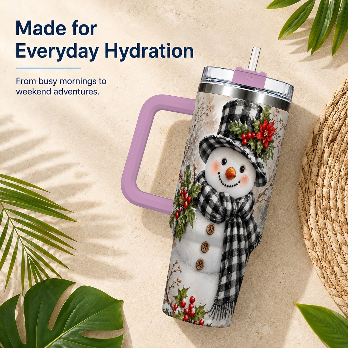 #pl[40oz|Pink] Plaid Snowman Tumbler 40oz, Winter Tumbler, Stainless Steel Travel Cup