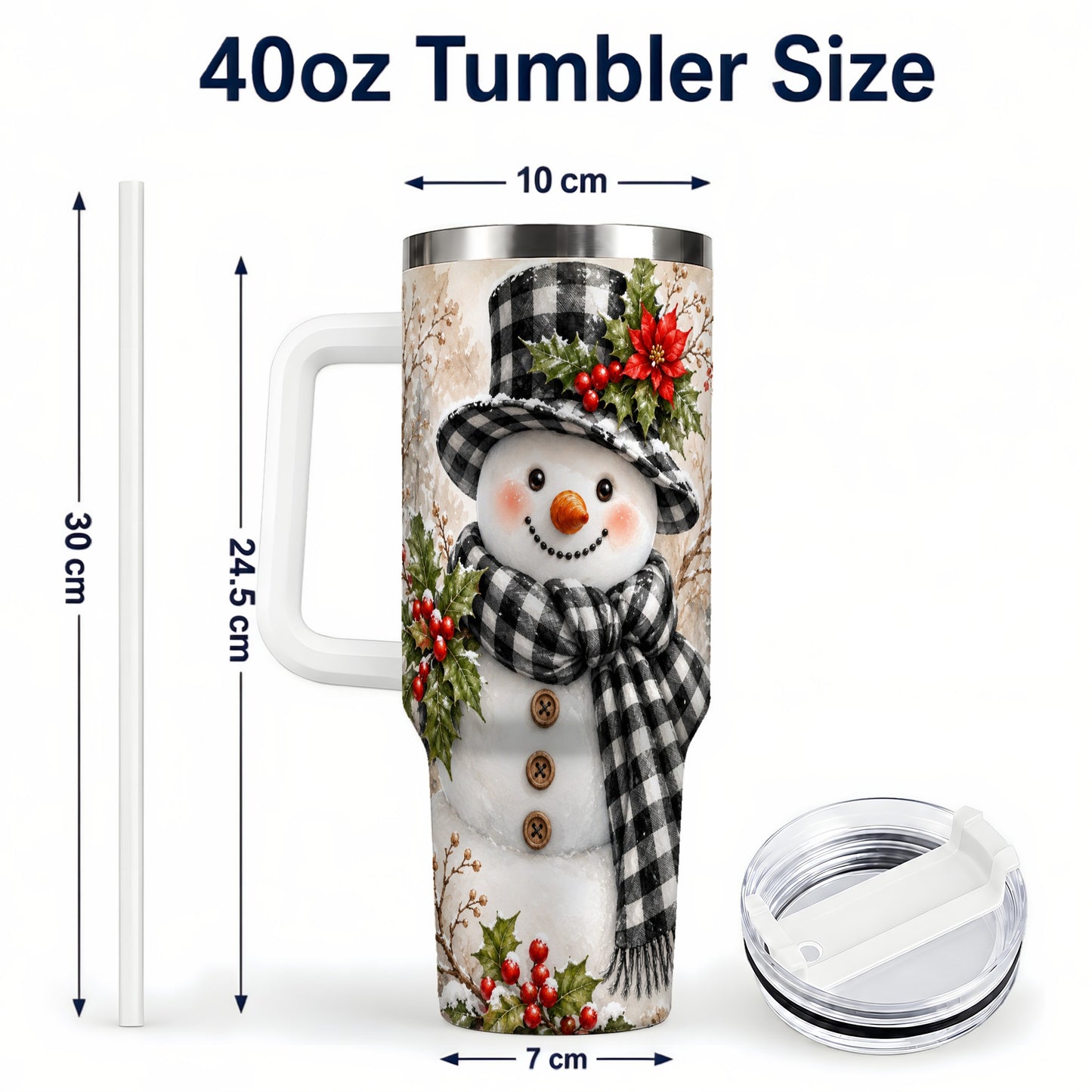 #pl[40oz|White] Plaid Snowman Tumbler 40oz, Winter Tumbler, Stainless Steel Travel Cup