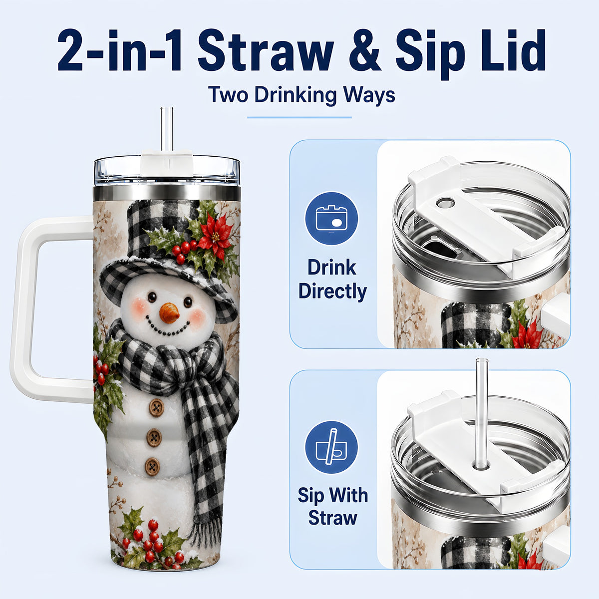 #pl[40oz|White] Plaid Snowman Tumbler 40oz, Winter Tumbler, Stainless Steel Travel Cup