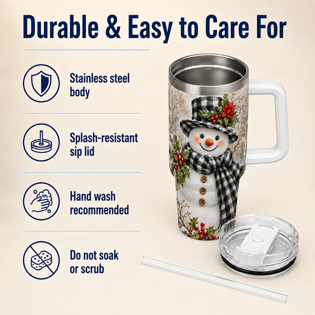 #pl[40oz|White] Plaid Snowman Tumbler 40oz, Winter Tumbler, Stainless Steel Travel Cup