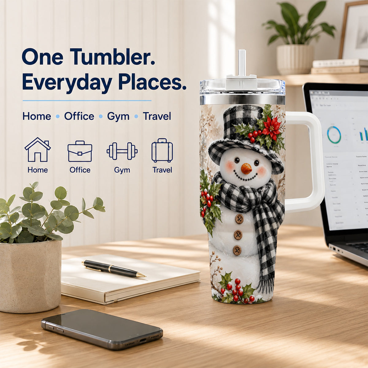 #pl[40oz|White] Plaid Snowman Tumbler 40oz, Winter Tumbler, Stainless Steel Travel Cup