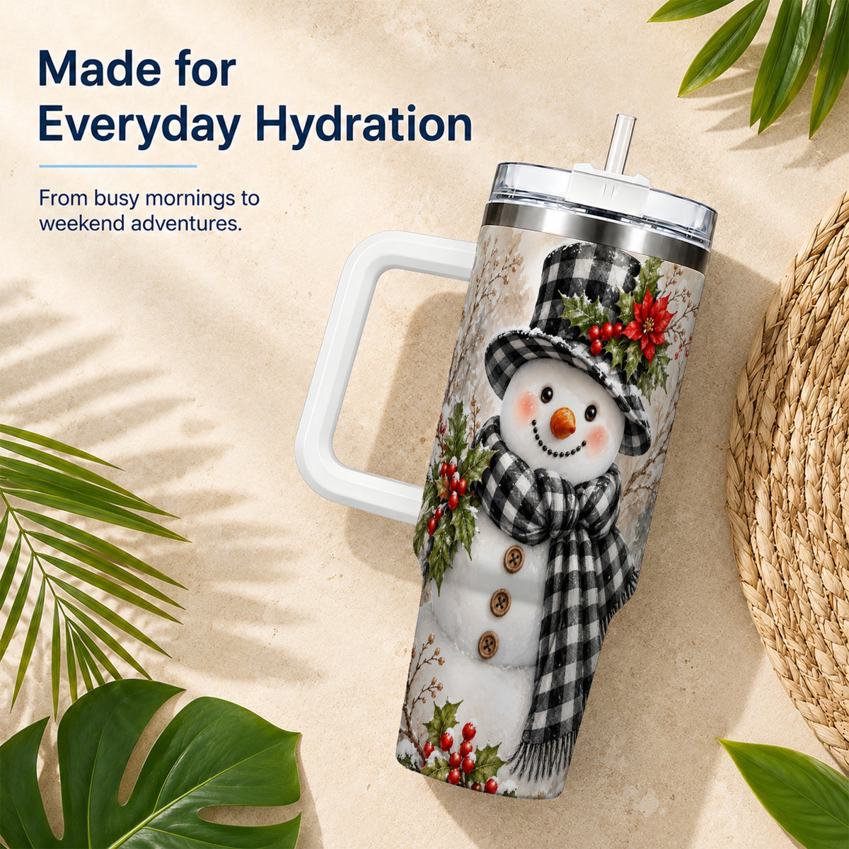 #pl[40oz|White] Plaid Snowman Tumbler 40oz, Winter Tumbler, Stainless Steel Travel Cup