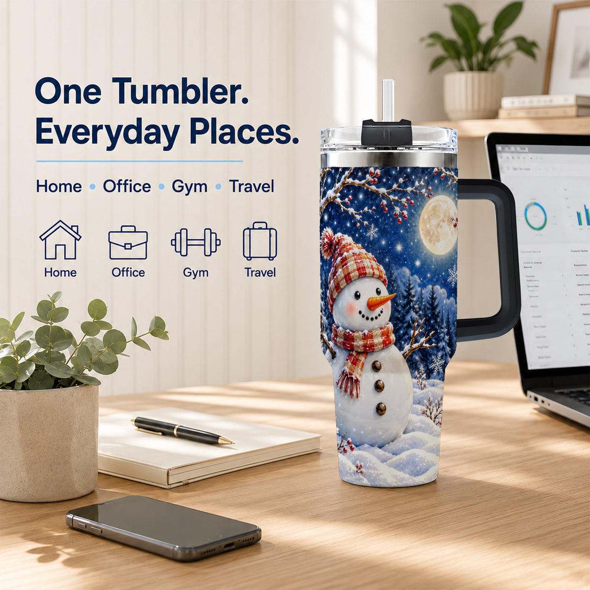 #pl[40oz|Black] Moon Snowman Tumbler 40oz, Winter Tumbler, Stainless Steel Travel Cup
