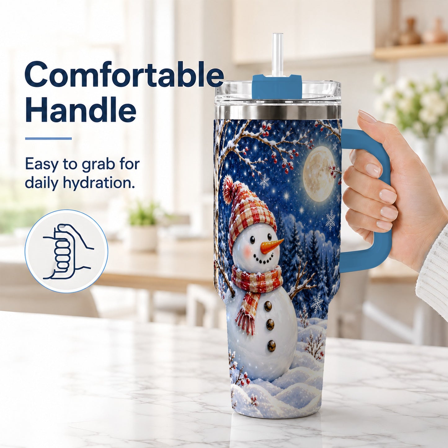 #pl[40oz|Blue] Moon Snowman Tumbler 40oz, Winter Tumbler, Stainless Steel Travel Cup